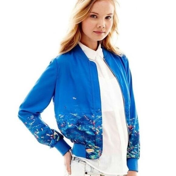 L'Amour Nanette Lapore Women's Ocean Print Full Zip Bomber Jacket Size M Blue - Picture 1 of 6